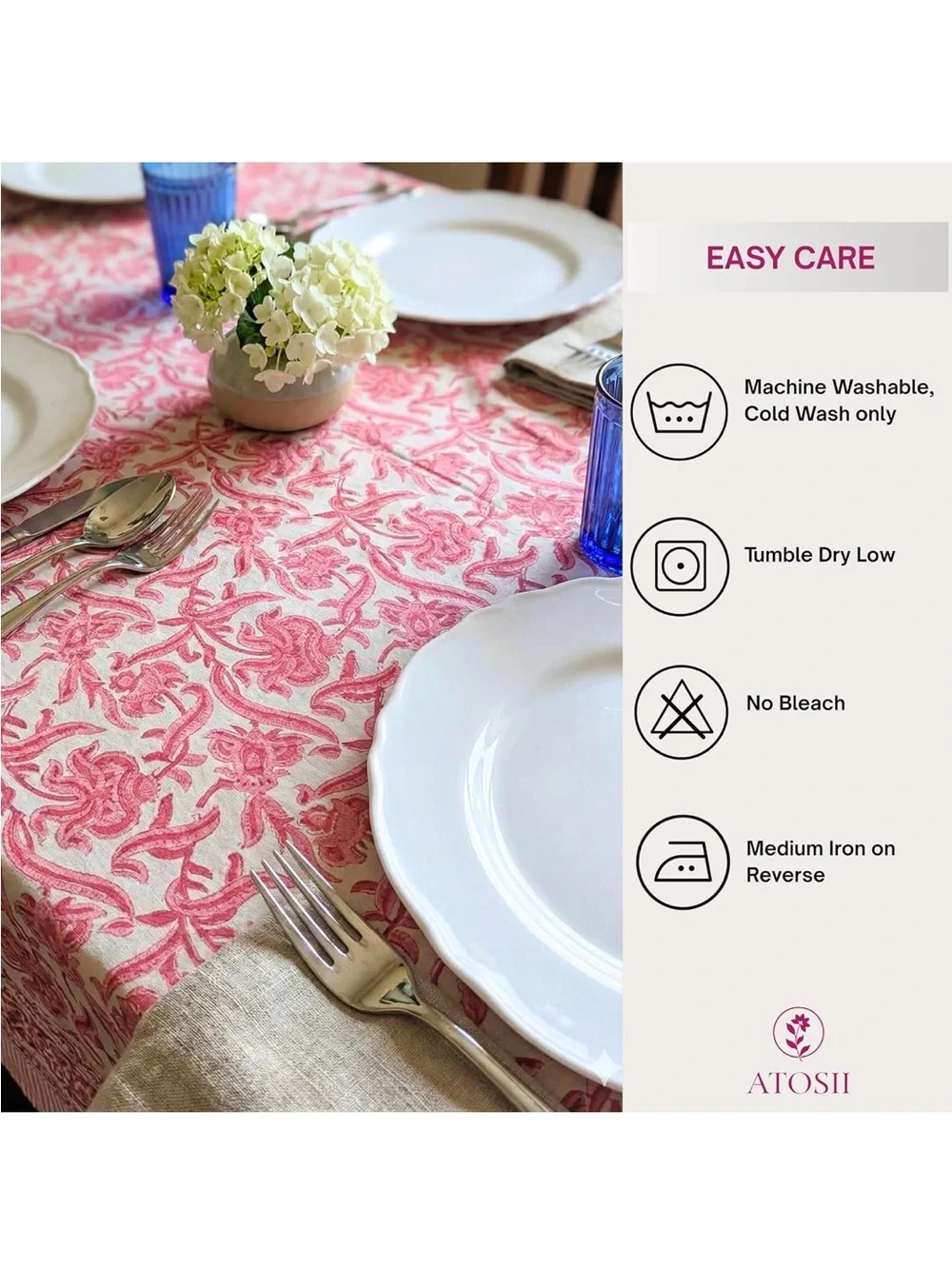 NEW Red Bloom 100% Cotton Tablecloth, Handblock Print Square. 36”x36”